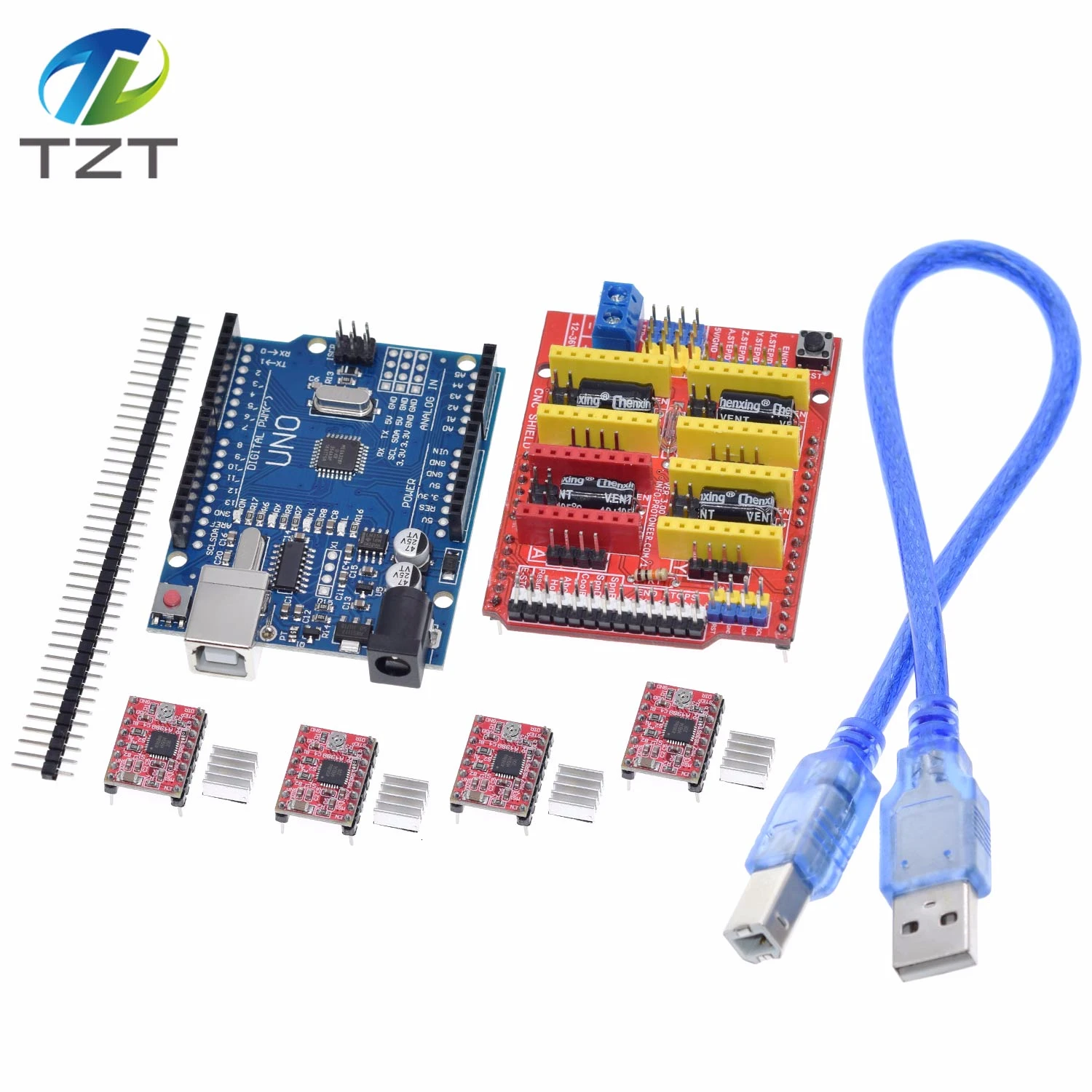 TZT cnc shield v3 гравировальный станок 3d принтер+ 4 шт. A4988 Драйвер Плата расширения для Arduino+ UNO R3 с usb-кабелем