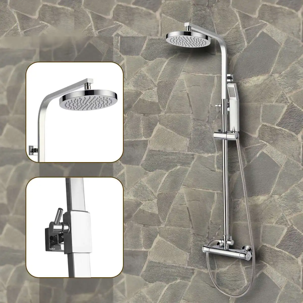 

Xueqin Chrome Bathroom Shower Faucet Set Mixer Tap Wall Mounted Round Rainfall Shower Head Set With Square Handheld Sprayer