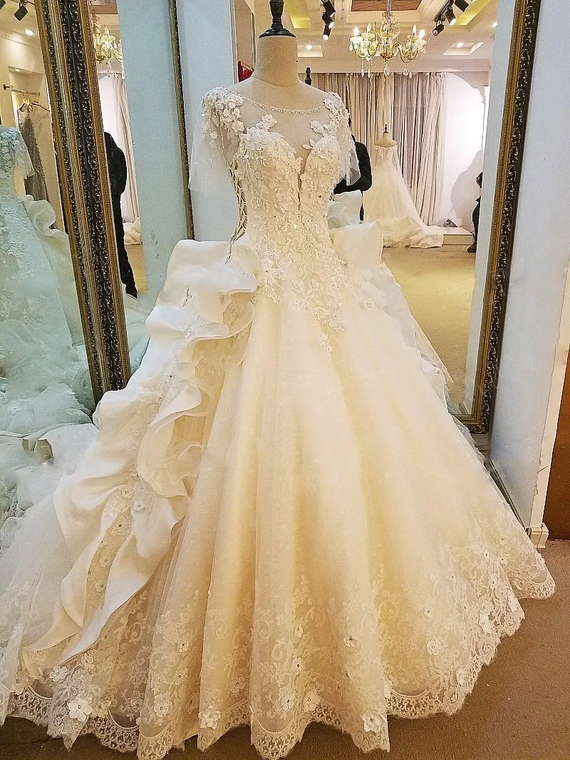 LS65789 кружевное нарядное платье Короткие рукава корсета Кристалл бальный наряд Роскошные торжественное платье с длинным шлейфом цвета