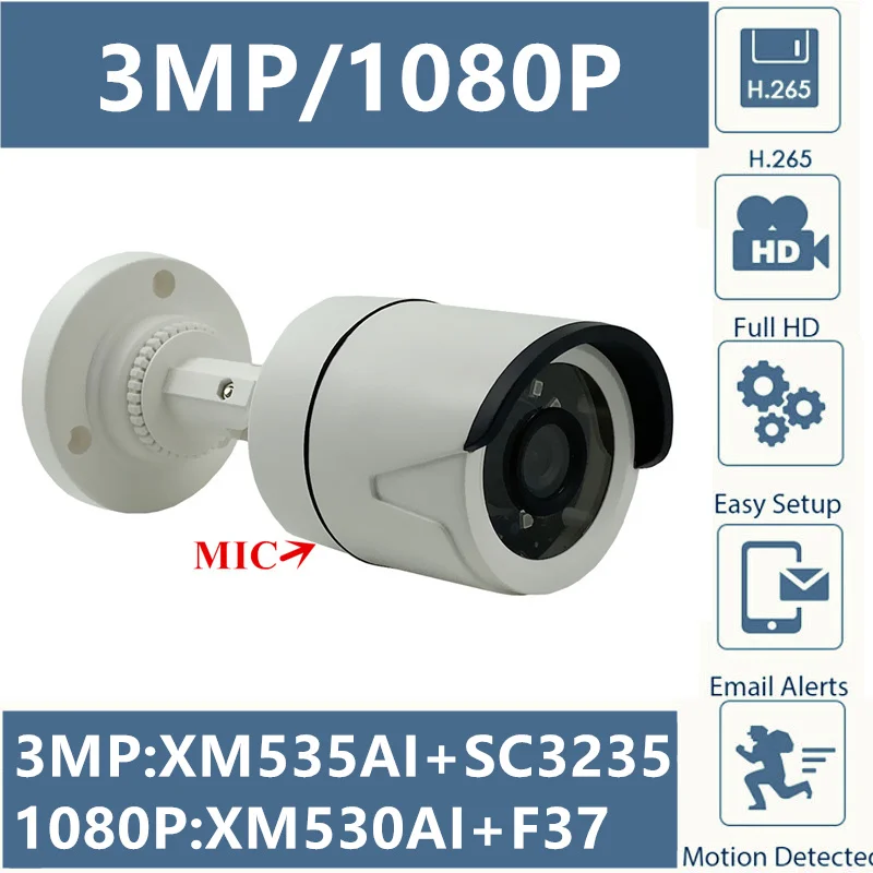 Integrate MIC 3MP 2MP IP Bullet Camera Audio XM535AI + SC3235 2304*1296 XM530 F37 1080P Onvif CMS XMEYE Обнаружение движения RTSP