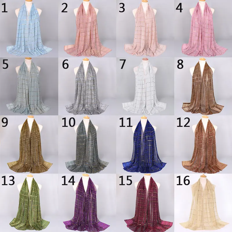 Женский шарф, модный, блестящий, с блестками, золотой, серебряный, пряжа, мусульманский хиджаб, шаль, шарфы, исламский арабский головной шарф, обертывания, вуали
