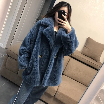 dark blue Новинка Натуральная Овечья шуба женская куртка из натурального меха шерстяное пальто очень теплое для зимы Размер Большой F1117 - Цвет: dark blue