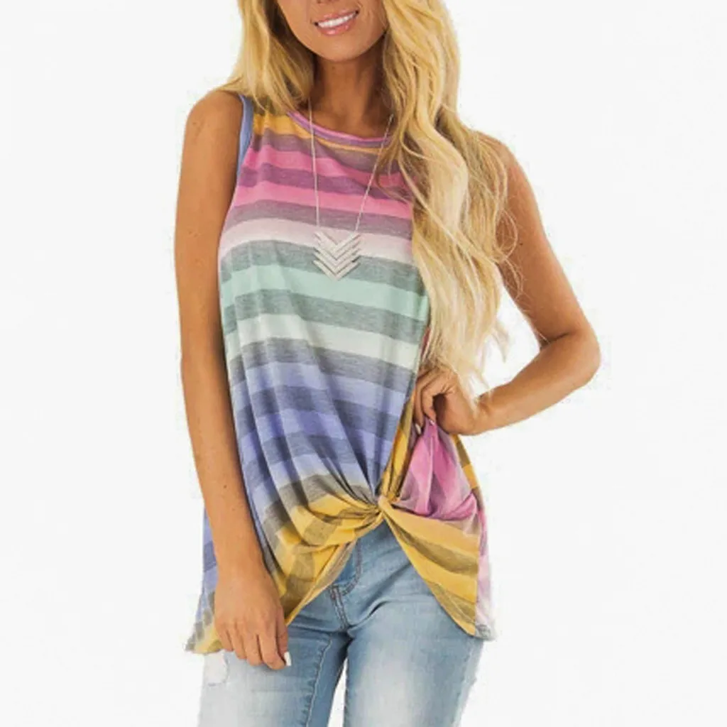 

2020 Women TShirt Multicolor Striped Front Knot Tank Tops Sleeveless Vest Casual Tanks Camisole Crop Tops T-Shirt Haut Femme