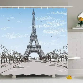 

Shower Curtain Set with Hooks 60x72 High Landscape Abstract Eiffel Travel Tower Structure Black Drawing White Metal Colors in