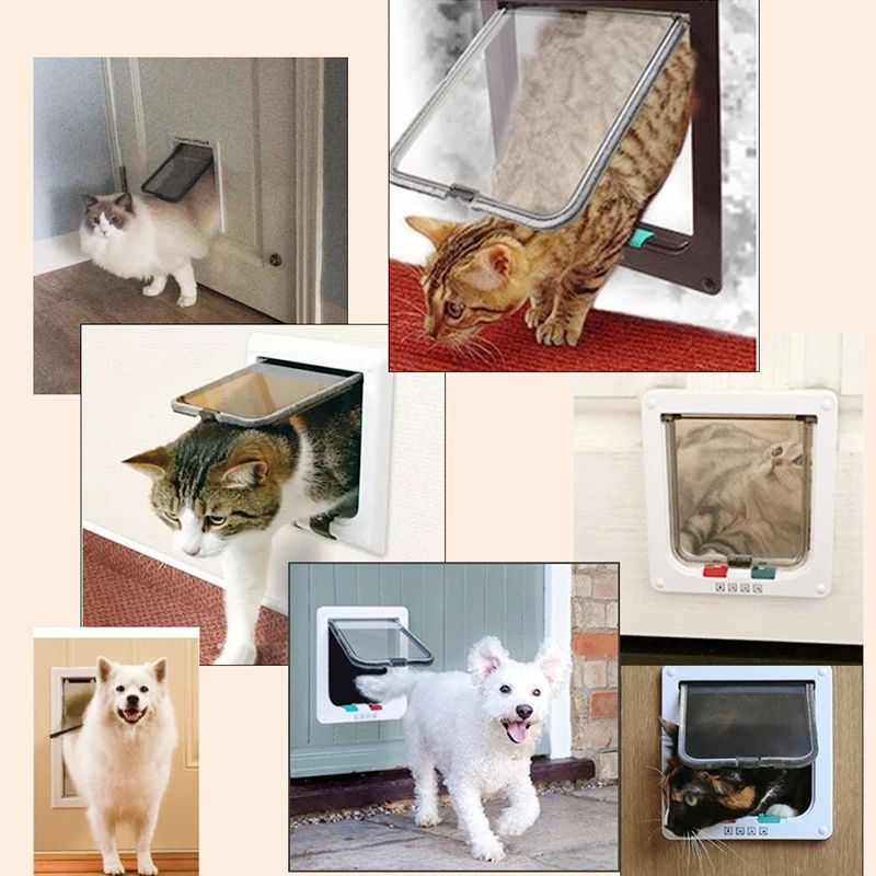 Pet Cat Flap Door with 4Way Security Lock Flap Gate Weatherproof for Dogs Cats Pet Puppy Kitten ABS Plastic Gates Doors Dog Hole
