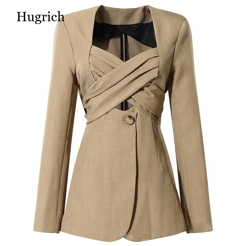 

Women Khaki Bow Cross Bandage Blazer New V-Neck Long Sleeve Loose Fit Jacket Fashion Tide Spring Autumn 2021