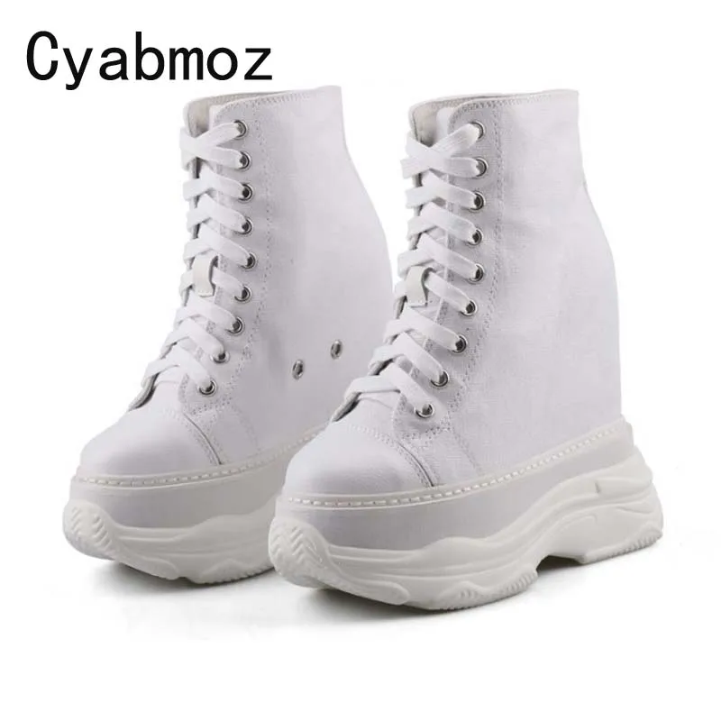 

14.5 cm Super High Platform Women Canvas Hidden Heels Wedge Sneakers Woman Casual Lace Up Thick Bottom Walking Shoes Woman