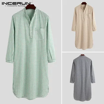 

INCERUN Men Plaid Robes Sleepwear Stand Collar Leisure Long Sleeve Comfortable Dress Nightgown Soft Men Bathrobes Homewear S-5XL