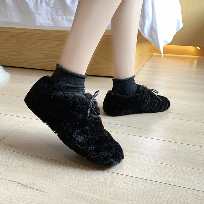 Solid brief furry shoes woman lace-up comfy flats velvet plush warm loafers femme round toe moccasins brand korean lazy footwear