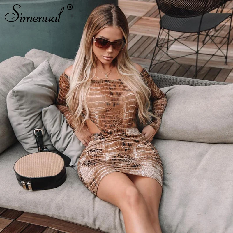 Women Two Piece Outfits Off Shoulder Bodysuit And Skirt Snake Print OG0685