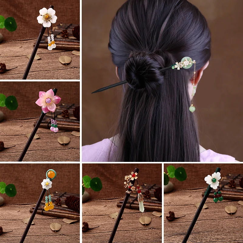 Hair Stick Jewelry Accessories Handmade Luxury Flower Hairpins Hair Sticks Vintage Wood Chinese Hair Stick Pins For Women Ornaments Head Jewelry