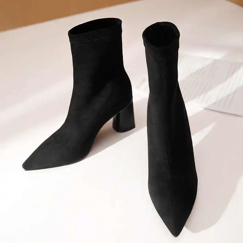 

Hot Solid Simple Style Office Lady Soft Flock Stretch Pointed Toe High Heels Daily Wear Basic Women Ankle Boots L78