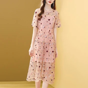 

Gedivoen Vintage Elegant Summer Dress Women Pink Short Sleeve Mesh Floral Embroidery Midi Dress Fashion Designer Party Dresses
