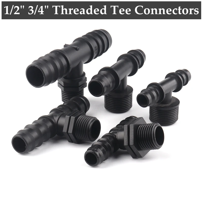 

4pcs 1/2" 3/4" Female Thread Tee Connector Irrigation PE Pipe Connector Threaded Garden Water Connectors Pagoda Straight Adapter