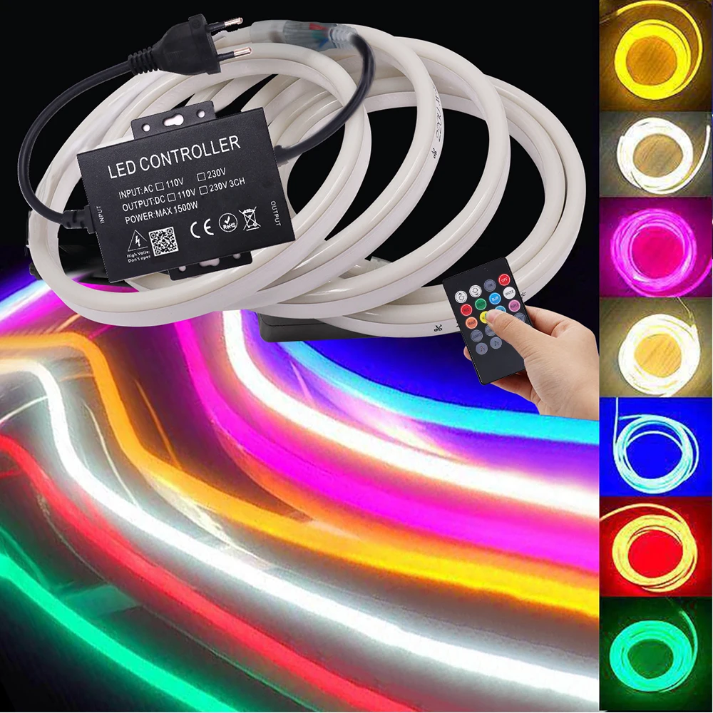 XUNATA 2 metros Tira de neón LED RGB flexible, 220V SMD 2835 120leds / m  Cuerda, tubo de luz de tira LED regulable con 20 teclas de control remoto :  : Iluminación