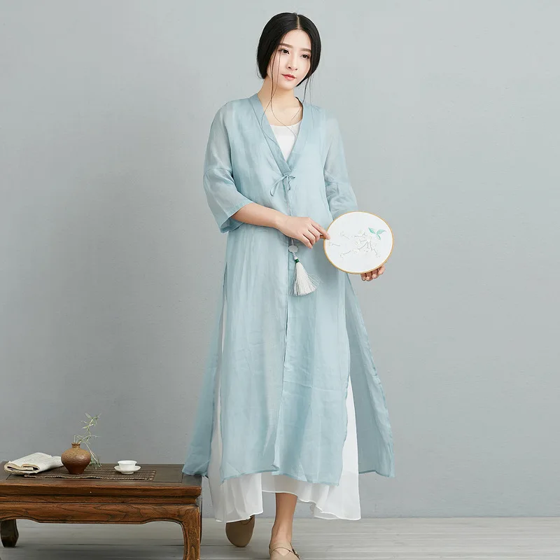 

Ancient Chinese Style Women White Blue Straight Dress Linen-cape Ankle-Length V-Neck Three Quarter Sleeve Loose Dress hanfu