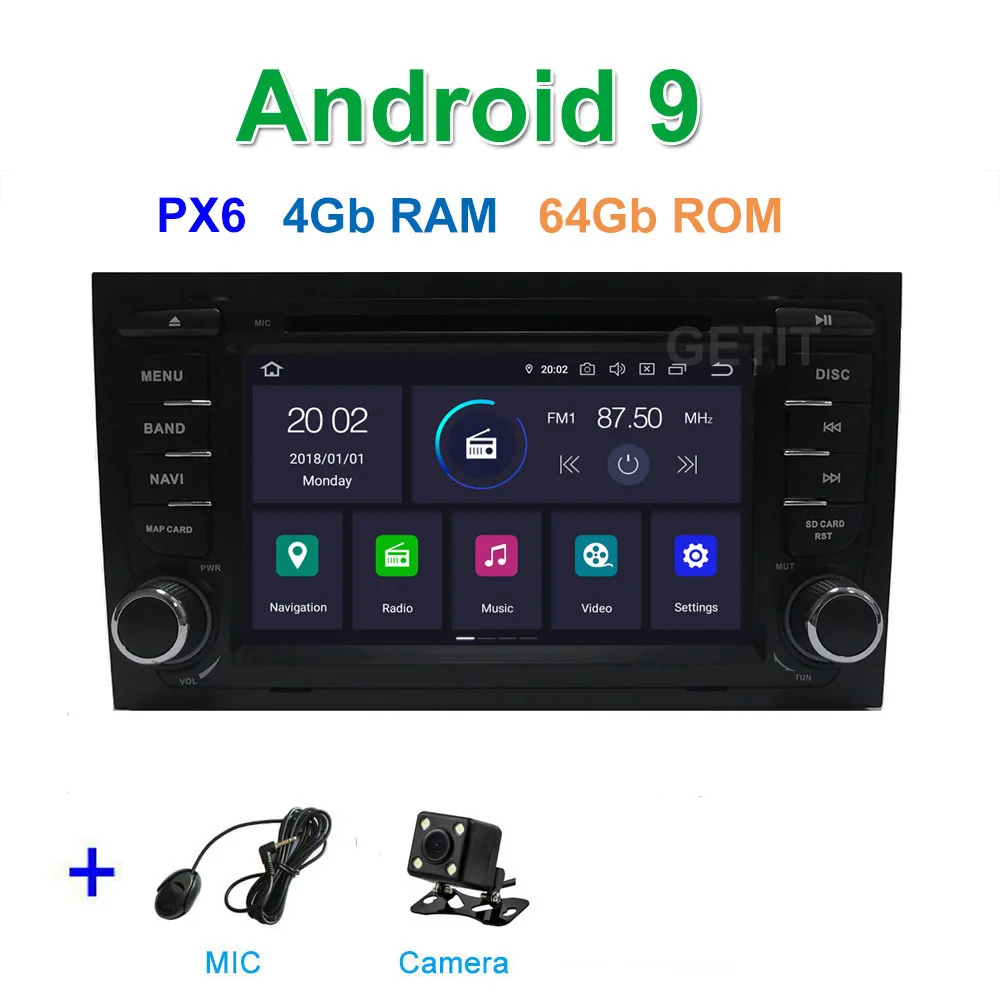 PX6 4G CAMERA DSP 64G PX6 Android 9 автомобильный dvd-плеер радио для Audi A4(2002-2008) с WiFi bluetooth Стерео gps навигация - Цвет: PX6 4G CAMERA