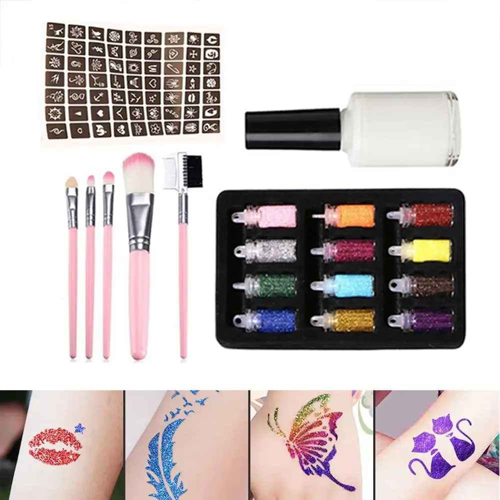 

12Color/5 brushes set Diamond Glitter Flsah Powder for Temporary Tattoo set Children Face Body Art Painting suit tool suit