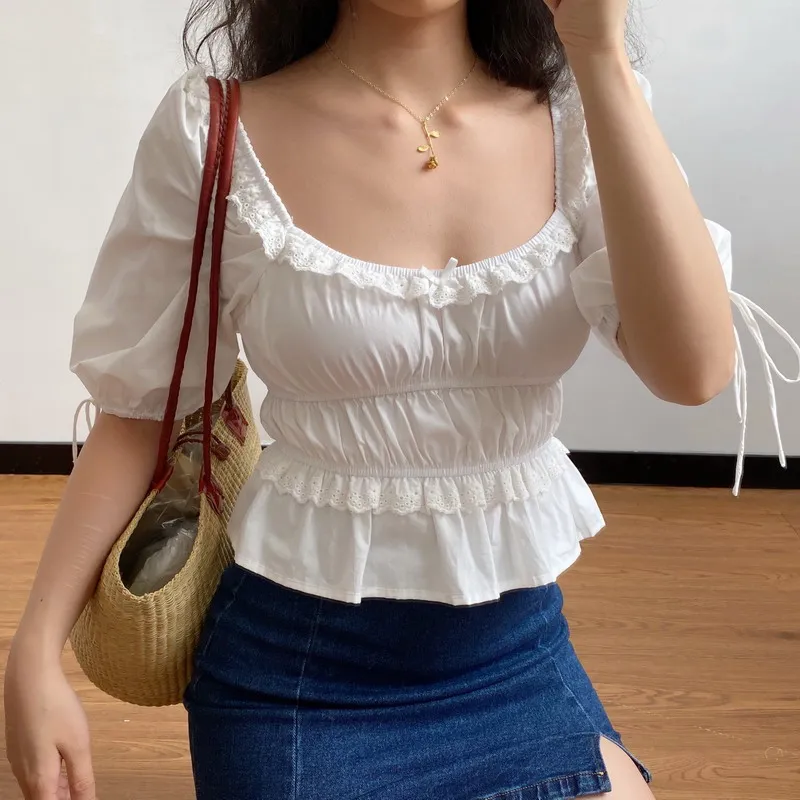 

Retro Style Low Collar Lace Edge Bow Lantern Sleeve Pleated Top