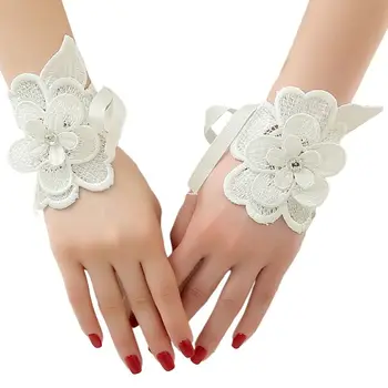 

Embroidery Flower Applique Wedding Gloves Rhinestone Adjustable Ribbon Wristband