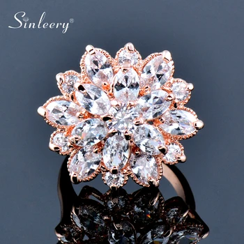 SINLEERY Luxury Crystal Flower Rings For Women Wedding Engagement Rose Gold Silver Color Ring Size 67 8 9 10 RE2 SSO