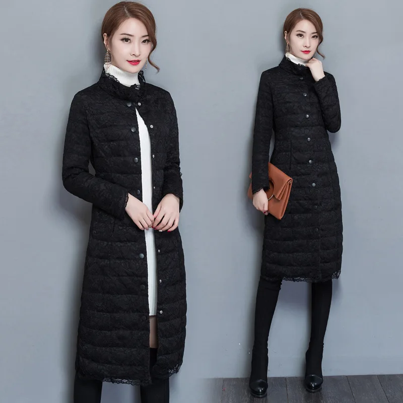 

1266 Lace Mid-length down Jacket Cotton-padded Clothes Winter 2019 New Style Korean-style Slim Fit Slimming over-the-Knee Cotton