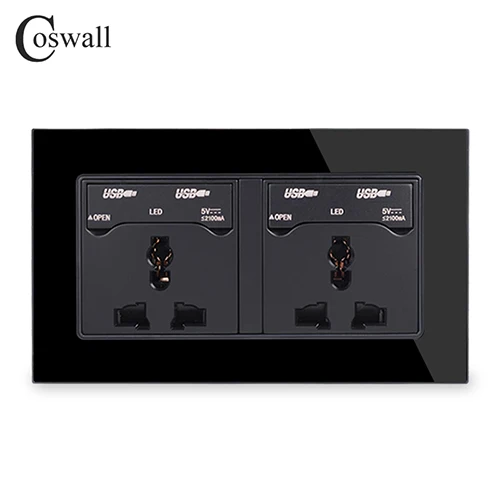 COSWALL 2 комплекта 13A универсальная настенная розетка+ 4 USB порта для зарядки с светодиодный индикатором панель из закаленного стекла с пыленепроницаемой крышкой - Тип: Black