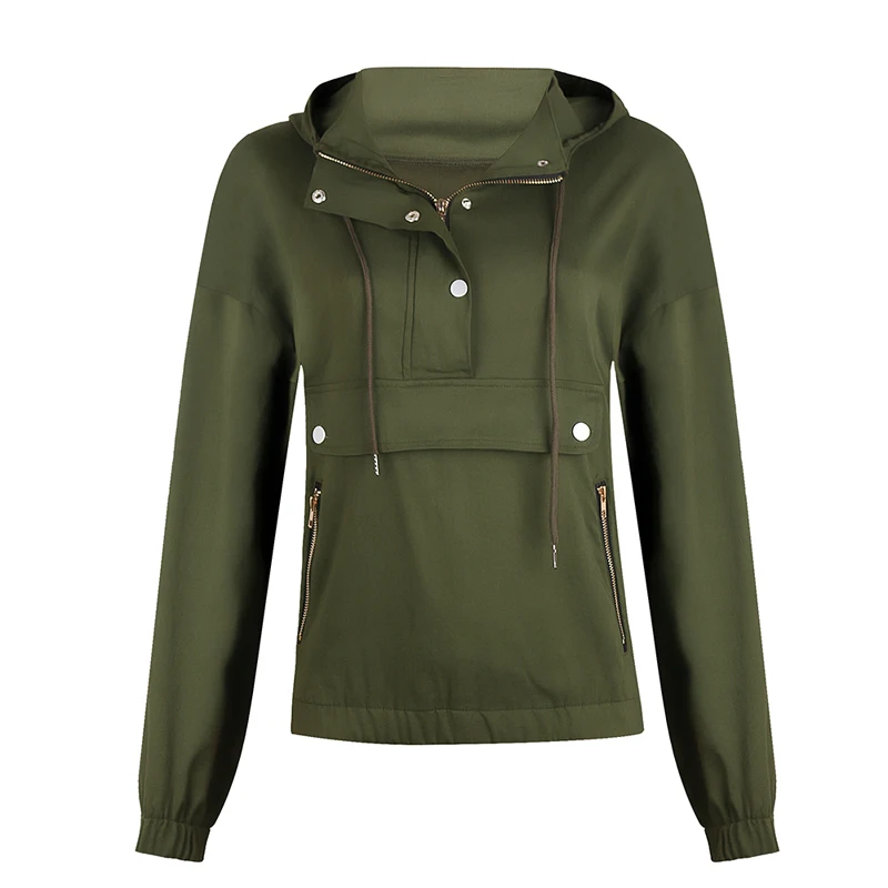 Green Модная женская толстовка, одноцветная, тонкая, женская, Sudadera Mujer, красивая, повседневная, на молнии, с карманами, толстовки, свободная, с капюшоном, толстовка, с заклепками - Цвет: Green
