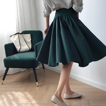 

2020 Spring And Summer New Green Skirt High Waist Big Swing A Word Skirt Pleated Skirt Office Casual Solid Color Female Skirt
