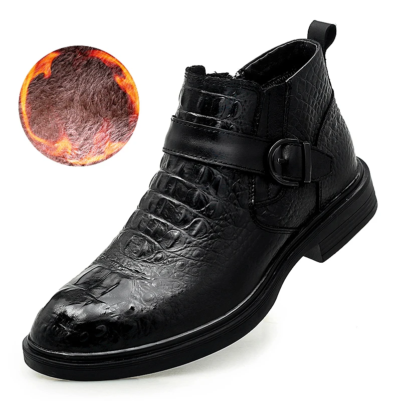 

Winter With Fur Casual Shoes Men High Top Youth Fashion Buckle Strap Shoes Genuine Leather Dress Men Boots Brand Big Size Shoe