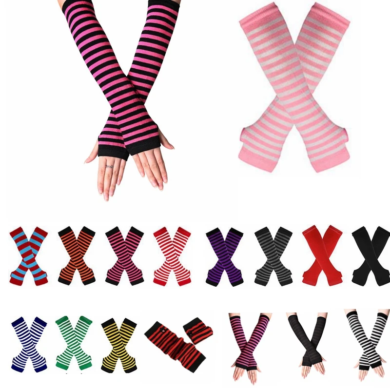 Long Glove Arm Cover Classic Pink Black and White Striped Fingerless Elbow Gloves Warmer Knitted Wristband