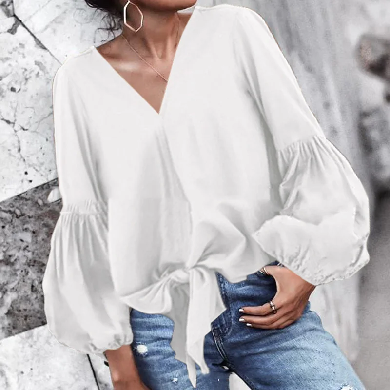 Осенняя Женская рубашка повседневная свободная сексуальная v-образные вырезы с