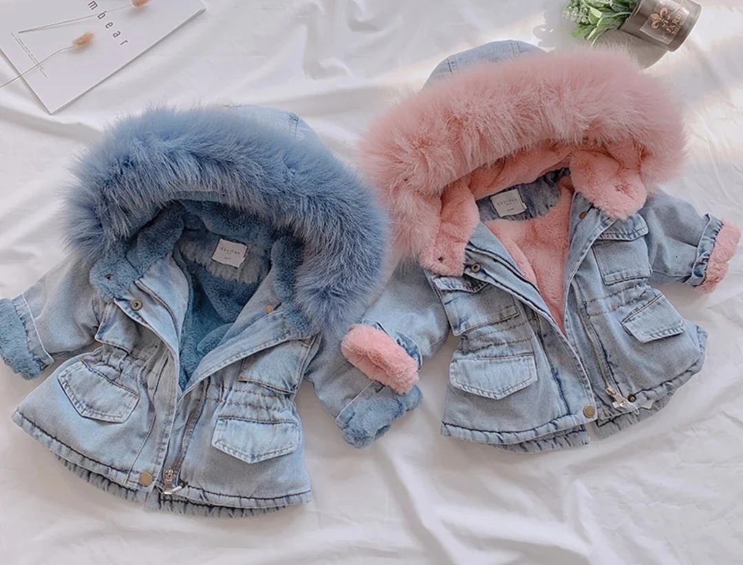 

Emmababy Winter Baby Girl Denim Jacket Plus Velvet Real Fur Warm Toddler Outerwear Coats 1-6 Year Kid Infant Parka Windbreaker