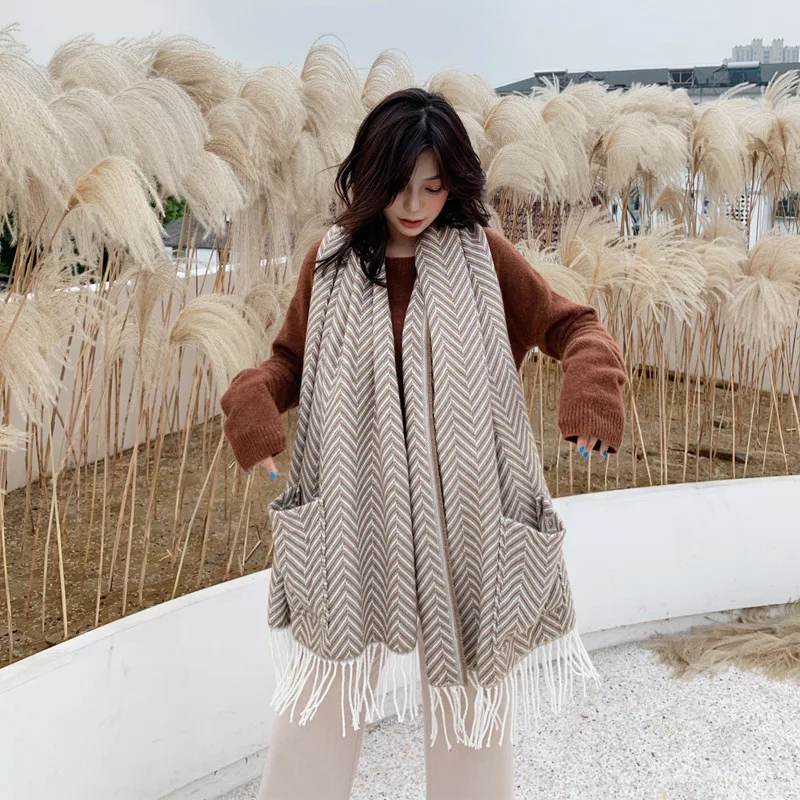 Flash Deals veJK7 2019NEW Autumn Winter cashmere Scarf shawl for women striped pockets warm thick ladies scarves large blanket stole poncho women