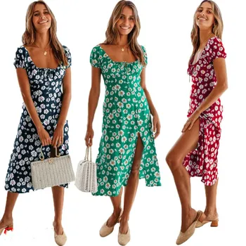 

Women Boho Beach Holiday Floral Midi Dress 2020 Ladies Retro Holiday Party Swing Sundress Fashion Short Sleeve Printed Dresses