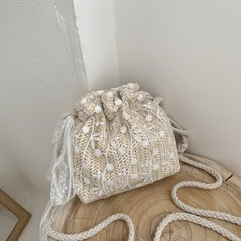 

Straw Weave Bucket Bags For Women Rattan Beach Shoulder Bags Lace Flower Handbags Totes Casual Handbags Retro Mini Shoulder Bag
