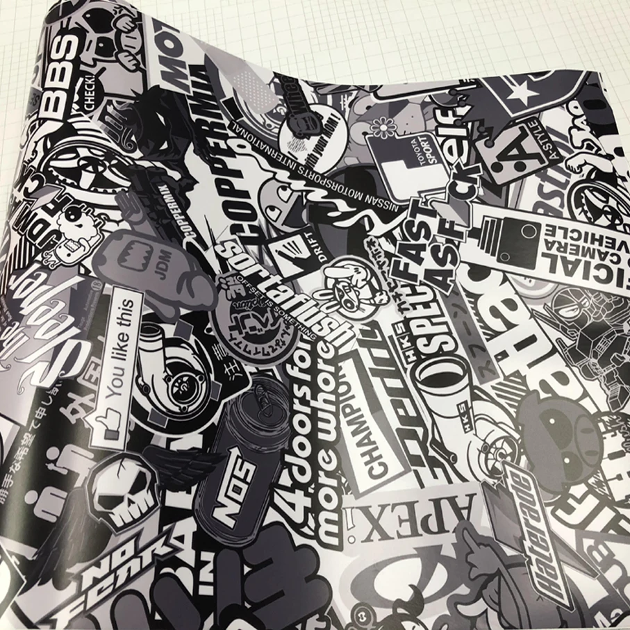 20/30/40/50X152CM Black&ampWhite JDM Cartoon Printed Graphics Stickerbomb Car Vinyl Film Wrap Scooter Motorbike Decal | Автомобили и