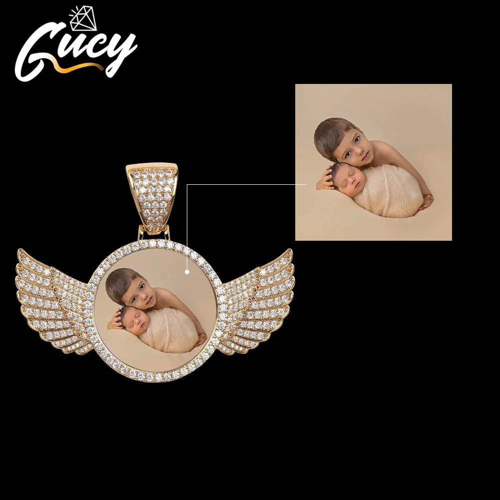 GUCY Custom Made Photo With Sngel Wings Necklace & Pendant 4mm Tennis Chain Cubic Zircon Men's Hip Hop Jewelry