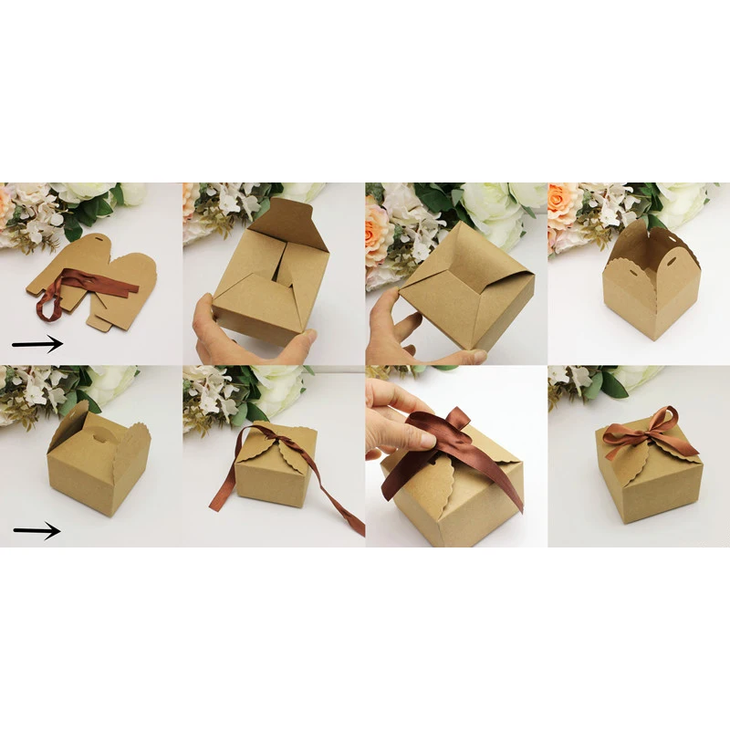 Коричневая коробка из крафт-бумаги с бантом, коробки для кексов, рукоделия, дня рождения, свадьбы, оптом