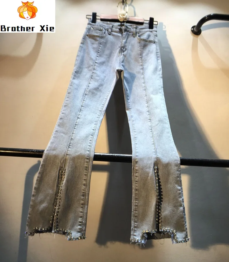 

Flare Jeans Woman 2020 Spring Summer Clothing European Streetwear Beads Diamond Set Slit Boot-Cut High Waist Denim Jeans Pants