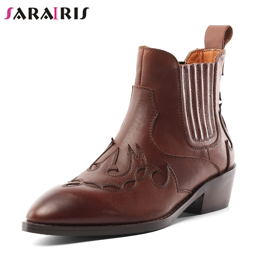 

SARAIRIS Brand New Retro Booties Pointed Toe women's Genuine Leather Ladies Chunky Heels Shoes Woman Casual Party Office Boots