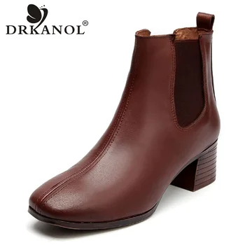 

DRKANOL New Handmade Genuine Leather Women Thick Heel Boots Winter Warm Boots Retro Elastic Band Classic High Heels Shoes HA09-2