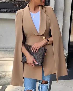 

Solid Buttoned Tigh Waist Cloak Blazer Coat
