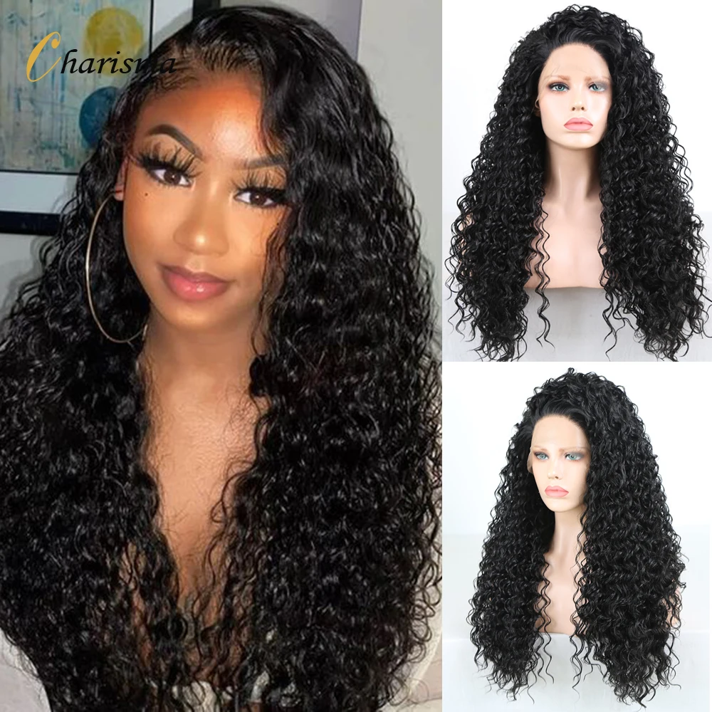 Charisma Long Curly Synthetic Lace Front Wigs For Women Black Color Kinky Wig Heat Resistant Fiber Cosplay | Шиньоны и парики