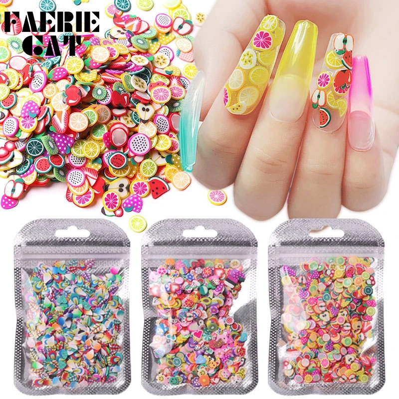 

1000Pcs/Bag Nail Art Polymer Clay Mix Flowers Canes Fruit Slice Gel Polish Tips DIY Cute Feather Summer Nail Decor Decals Flakes