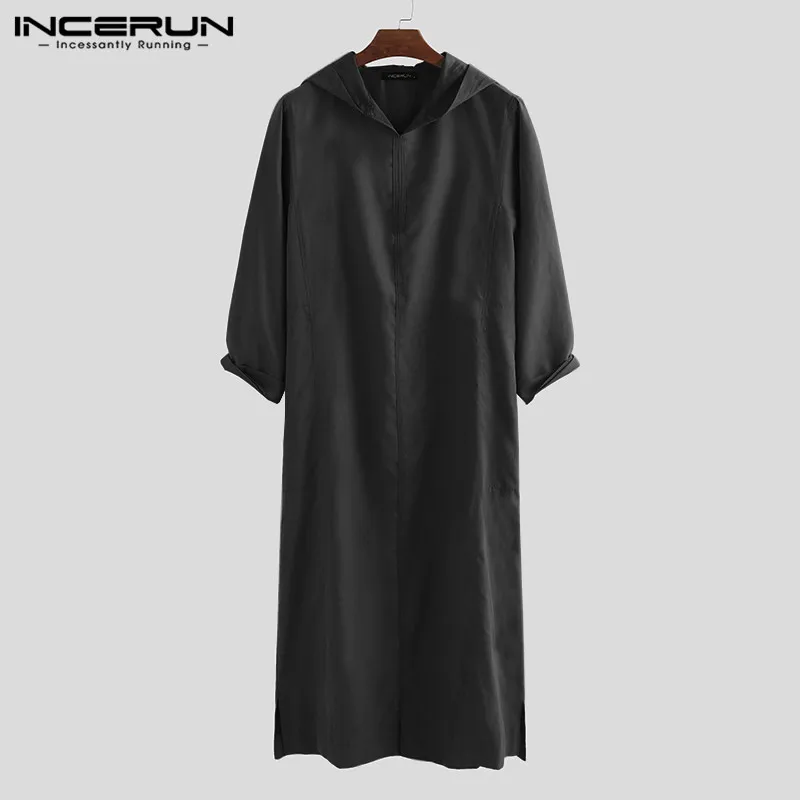Black INCERUN Мужская мусульманская одежда с длинным рукавом с капюшоном Обычная Саудовская Аравия Дубай халаты винтажный исламский, Арабский Кафтан для мужчин jubba tobe - Цвет: Black