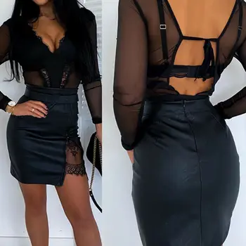 

2 Styles Womens PU Leather Lace Mini Skirt Female Ladies Sexy High Waist Zipper Pencil Skirts Outfits S-XL