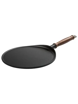

Flat bottom cast iron pancake handmade roasting pan household long wooden handle non-coating thickening gas general purpose