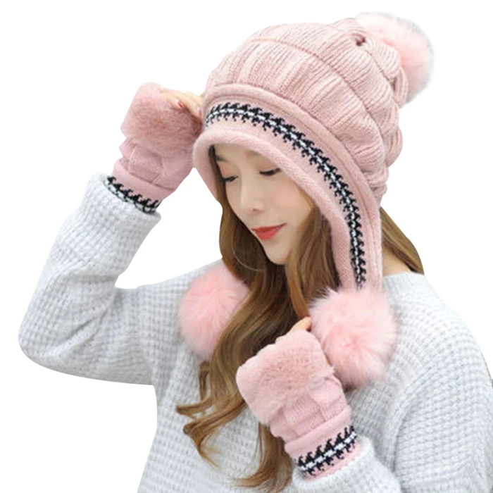 Модная женская вязаная шапка, набор перчаток, Рождественский Теплый головной убор, полный набор перчаток для зимы зимняя женская шапка Casquette