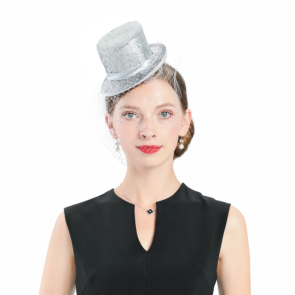 Свадебные женские вуалетки топ шляпа для элегантного банкета Fedoras Шляпы шляпка для церкви серебро с вуалью шапки Коктейльные Чай Вечерние льняные шапки